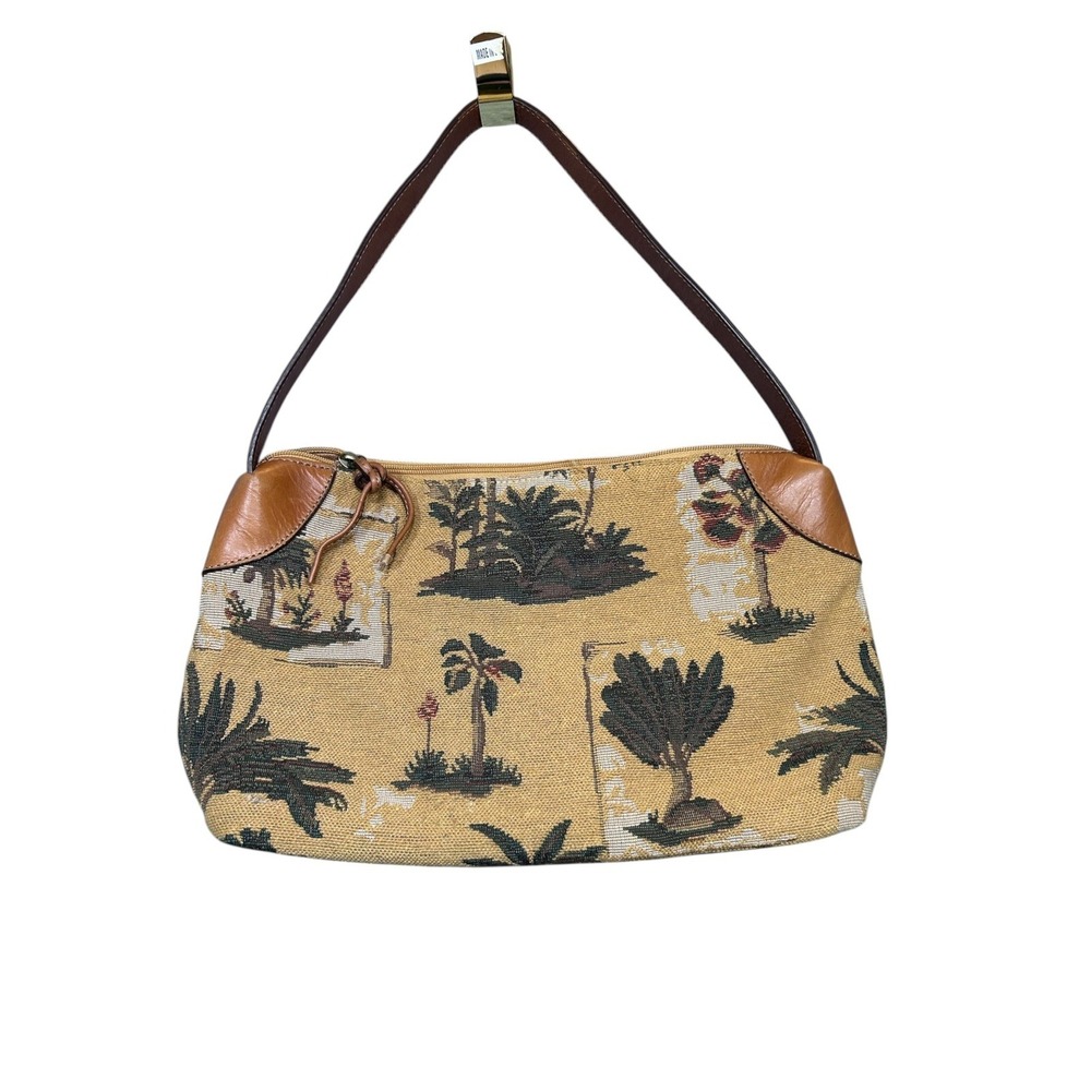 Vintage Tommy Bahama Leather Trim Palm Tree Tapestry Shoulder Bag Purse